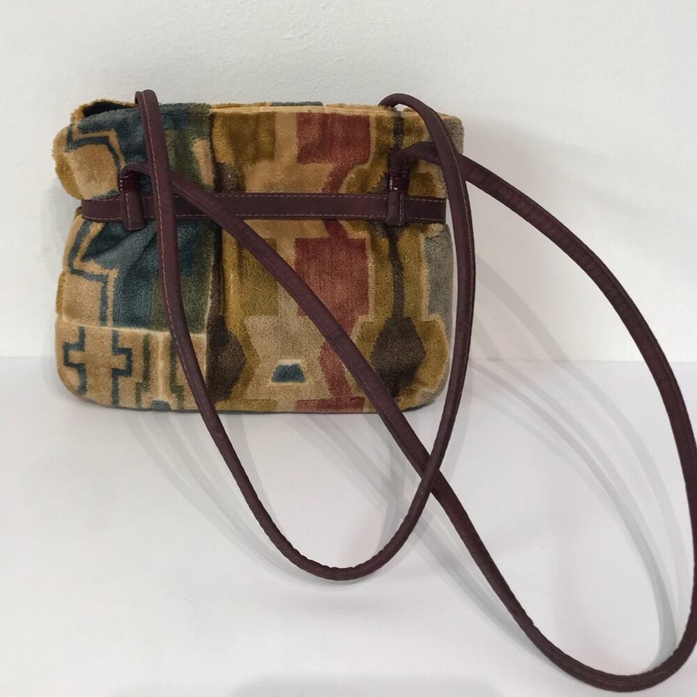 Vintage 70s Carpet Bag Purse Patchwork Southwestern Double Shoulder Strap Tan - Picture 7 of 15